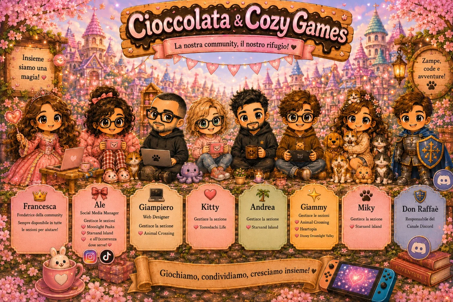 Illustrazione dello staff di Cioccolata e Cozy Games riunito in un villaggio fantasy